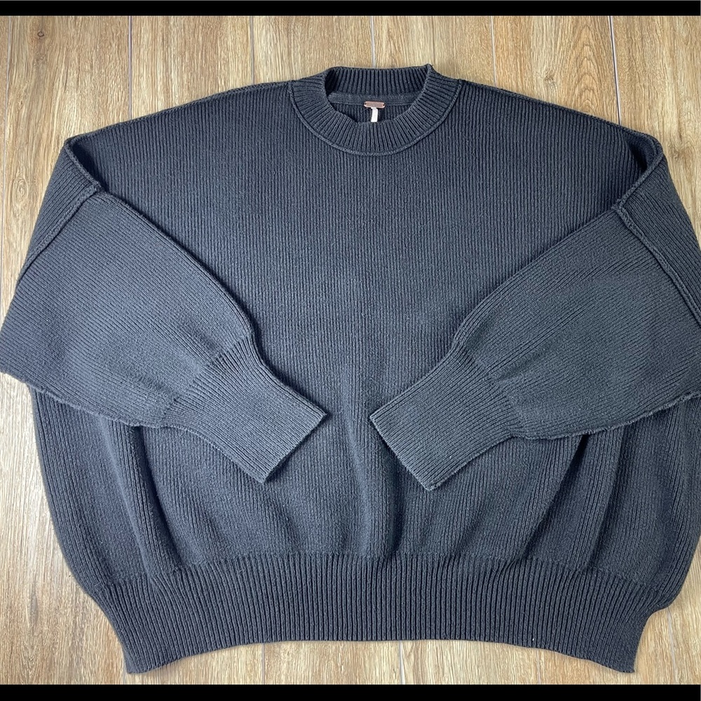 Free People Black Crewneck Oversized Sweater, Boho, Balloon Sleeves, Sz Large,